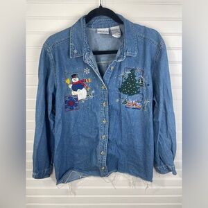 Bobbie Brooks Blue Denim Vintage Embroidered Christmas Top Women’s EUC